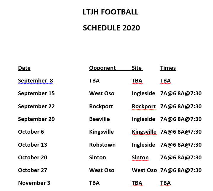 LTJH 2020 Football Schedule