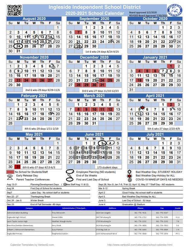 Revised 2020 2021 Calendar Ingleside Isd