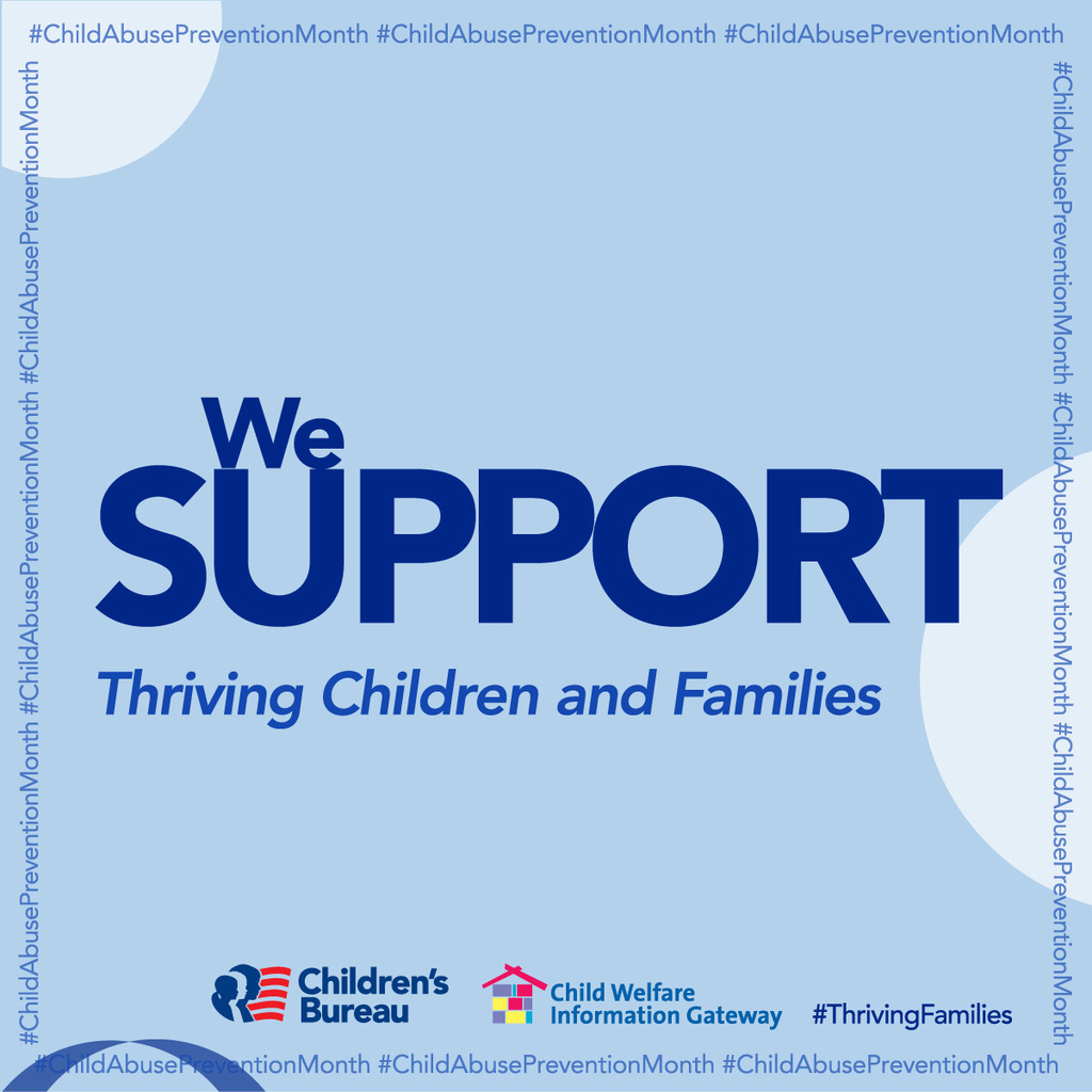 Light blue back ground, navy blue text: We support Thriving Children and Families