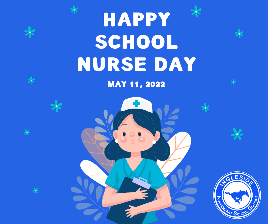 Blue background with white text reading Happy School Nurse Day
