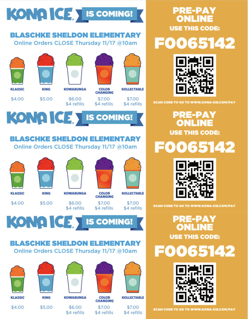 Kona Ice Is coming to the BSE Campus on Thursday the 17th of November. 