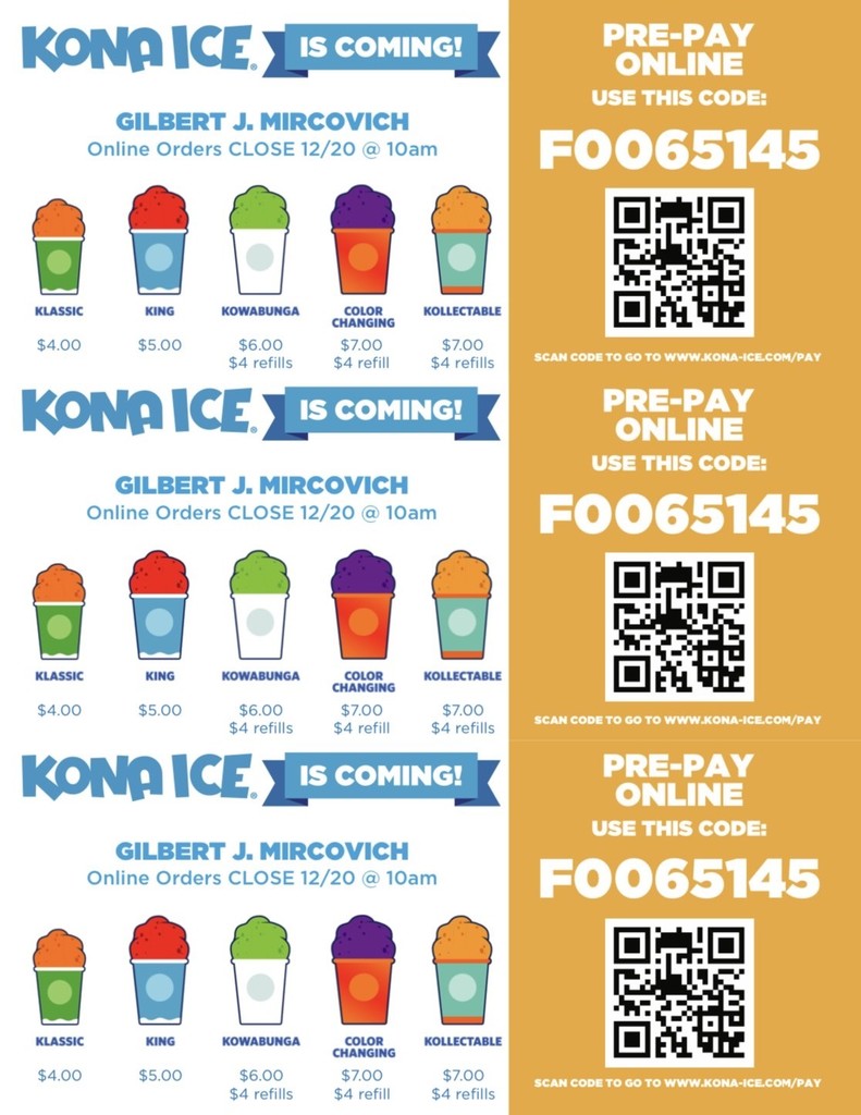 Kona Ice on campus tomorrow, can pre-pay for 5 different sizes.